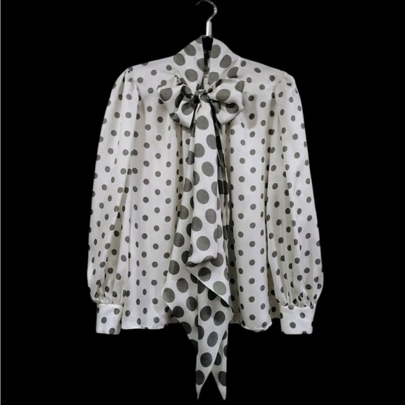 MaxMara Tops - Max Mara 100% Silk Grey and White Polka Dot Blouse w/Bow Neckline